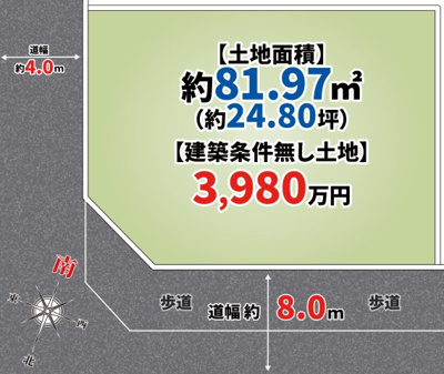 【区画図】 | 東淀川区小松２丁目　建築条件無し売土地♪ | 【区画図】
角地♪前面道路約8ｍ・約4m！
理想の住まいを自由に叶えられる建築条件無し売り土地♪