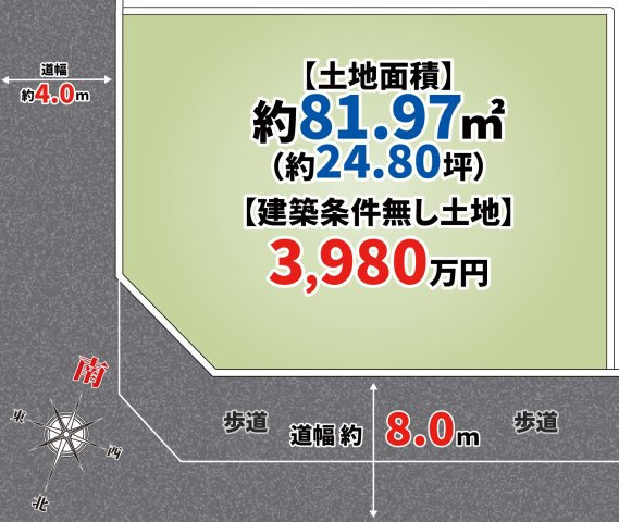 【区画図】 | 東淀川区小松２丁目　建築条件無し売土地♪ | 【区画図】
角地♪前面道路約8ｍ・約4m！
理想の住まいを自由に叶えられる建築条件無し売り土地♪