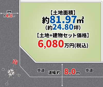 【区画図】 | 東淀川区小松２丁目　新築戸建て | 【区画図】
角地♪前面道路約8ｍ・約4m！