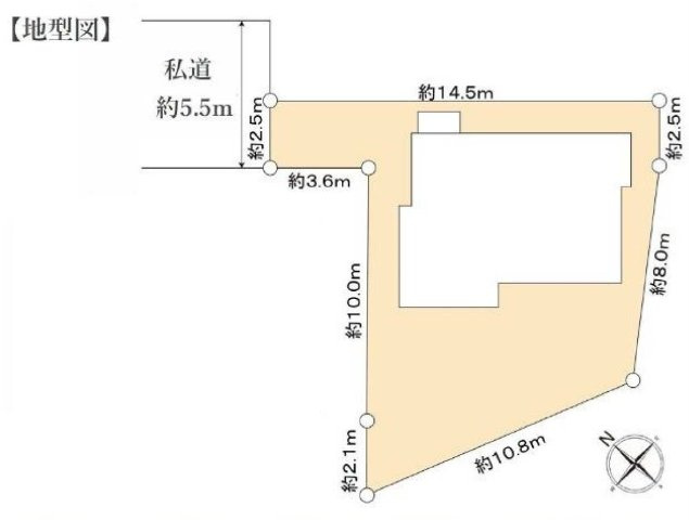 【横浜市鶴見区上末吉4丁目4新築戸建て】★仲介手数料無料★（上末吉小学校・末吉中学校）の区画図|敷地面積約42.6坪のゆとりある区画。北西側約5.5mの私道に面し、カースペース1台分を確保。建物周囲にもゆとりを持たせた配置計画です。