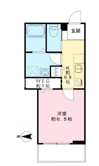 ルナリア大森町の間取り|西向きバルコニー角部屋！洋室6.5帖の1Kバストイレ別独立洗面台！
角部屋とウォークインクローゼット、洗面所とトイレ独立がポイント！