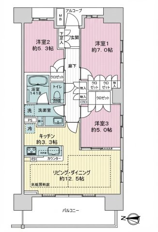 ザ・パークハウス所沢の間取り|床暖房付LDK18.8帖、主寝室7帖、日当たり・眺望良好な9階部分の南西角部屋です。