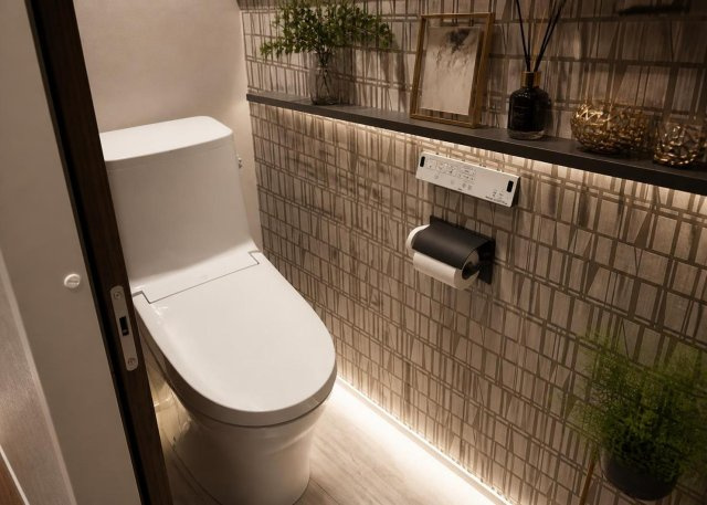 【トイレ】 | 快適に使用できる温水洗浄便座付きの清潔感あふれるトイレです。お手入れがしやすい壁面や床材を採用しており掃除の手間を軽減します。独立した空間でご家族や来訪者も安心してご利用いただけます。