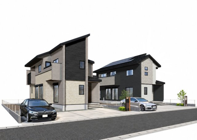 ブルーミングガーデン宇都宮市下岡本町ネオユニバースの完成予想図|完成予想パース（左から９号棟・８号棟）（同社施工の完成物件・モデルハウスがご見学できます）