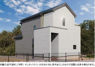 八王子市兵衛 新築戸建ての外観パース|青空に映える白を基調としたシンプルでモダンな外観デザインの完成予想図です！周辺の美しい街並みに調和する洗練された佇まい。お買い物帰りの荷物の運び入れもスムーズに行える、便利なカースペース付きです☆