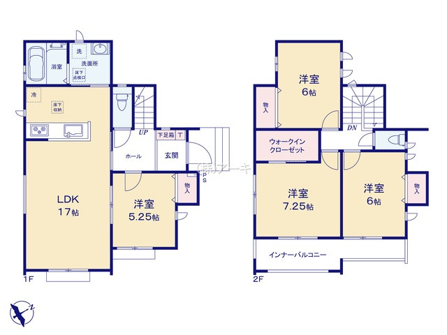 刈谷市松坂町2丁目105-1『仲介手数料無料』新築一戸建て・建売の間取り|　A号棟　1F:LDK17帖に隣接する洋室5.25帖　CL設置はお子様の遊び場・奥様の家事室に便利！2F:主寝室7.25帖　WIC設置！洋室6帖・洋室6帖　CL設置♪2wayバルコニー♪