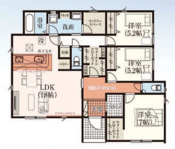 新築　伊勢崎市山王町2期　GRAFARE　2号棟の間取り|建物面積98.54㎡　広々18帖のLDKの平屋のお家♪シューズインクローク・パントリー・ウォークインクローゼット２か所・各部屋収納付きで便利です！