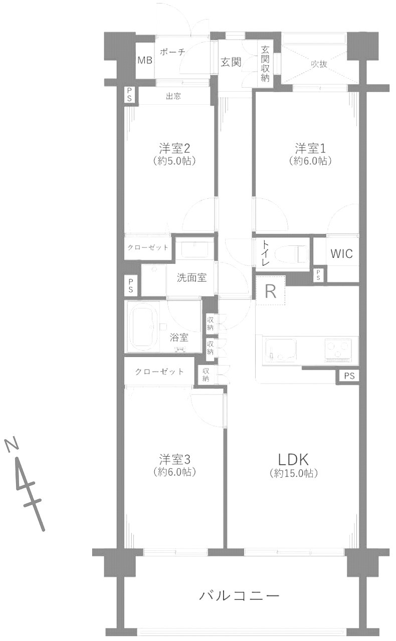 コスモ田端北パークフォルムの間取り|専有面積70.09㎡の3LDKファミリータイプ。12.00㎡のバルコニーや1.60㎡のポーチを備えた使い勝手の良い間取りです。各居室に収納があり快適に過ごせます。
