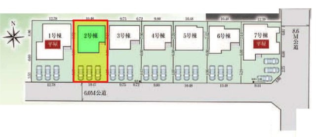 新築　太田市岩松町3期　GRAFARE　2号棟	の区画図|2号棟　区画図　南側接道幅員約6ｍ　
	
			
	
