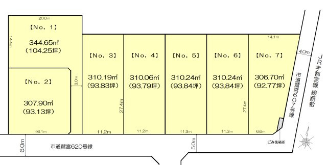 久喜市八甫 第八期 全７区画の区画図|南道路に面す開発分譲７区画です。