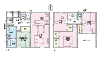 【間取り】 | 東広島市黒瀬切田が丘3丁目　1棟 | 4LDKの機能的な配置が魅力。1階に和室があり、家事動線に優れたLDK15帖を確保。2階には3部屋の洋室と広々としたバルコニーを備え、全居室に収納を設けた実用性の高い設計です。