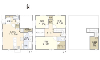 【間取り】 | 佐伯区八幡東2丁目（全5区画）D棟 | 対面キッチンのLDK（13.7帖）を中心に、主寝室のWICや3帖の小屋裏収納、外部物入など豊富な収納を配置。全居室に収納があり、インナーバルコニーや各階トイレなど暮らしやすさに配慮した設計です。