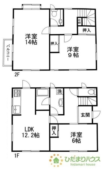 【間取り】 | 牛久市牛久町　中古戸建 | 各居室ゆったり♪6帖・9帖・14帖の3LDKの間取り。