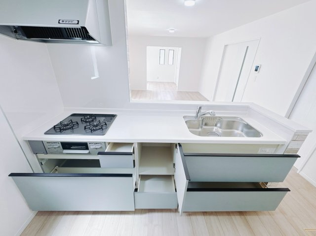 【新築戸建】渋川市石原348番のキッチン|■キッチン｜作業がはかどる広々カウンタースペース。会話がはずむ「オープンキッチン」なので家族とのコミュニケーションも活発になります。
