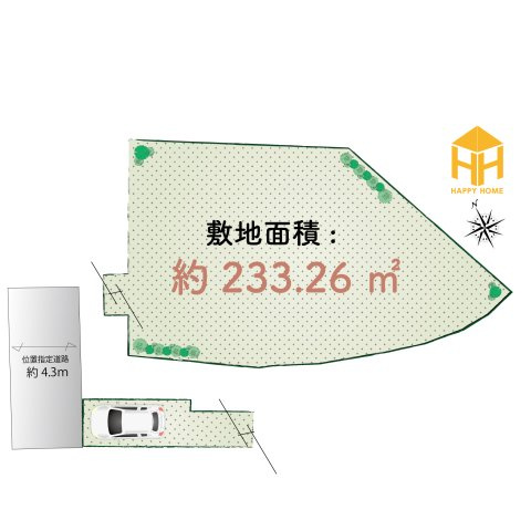 ハッピータウン伊丹昆陽東3丁目建築条件付き売土地の土地図|敷地面積約233.26㎡（約70坪）
ゆとりある敷地に誕生する、建築条件付き売土地。