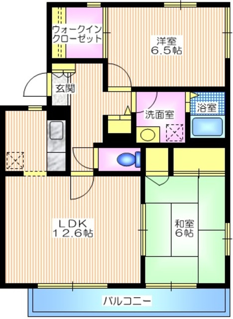 アトリオヴィラ参番館の間取り|南向き角部屋２面採光　ゆったりウォークインクロゼット付２ＬＤＫ