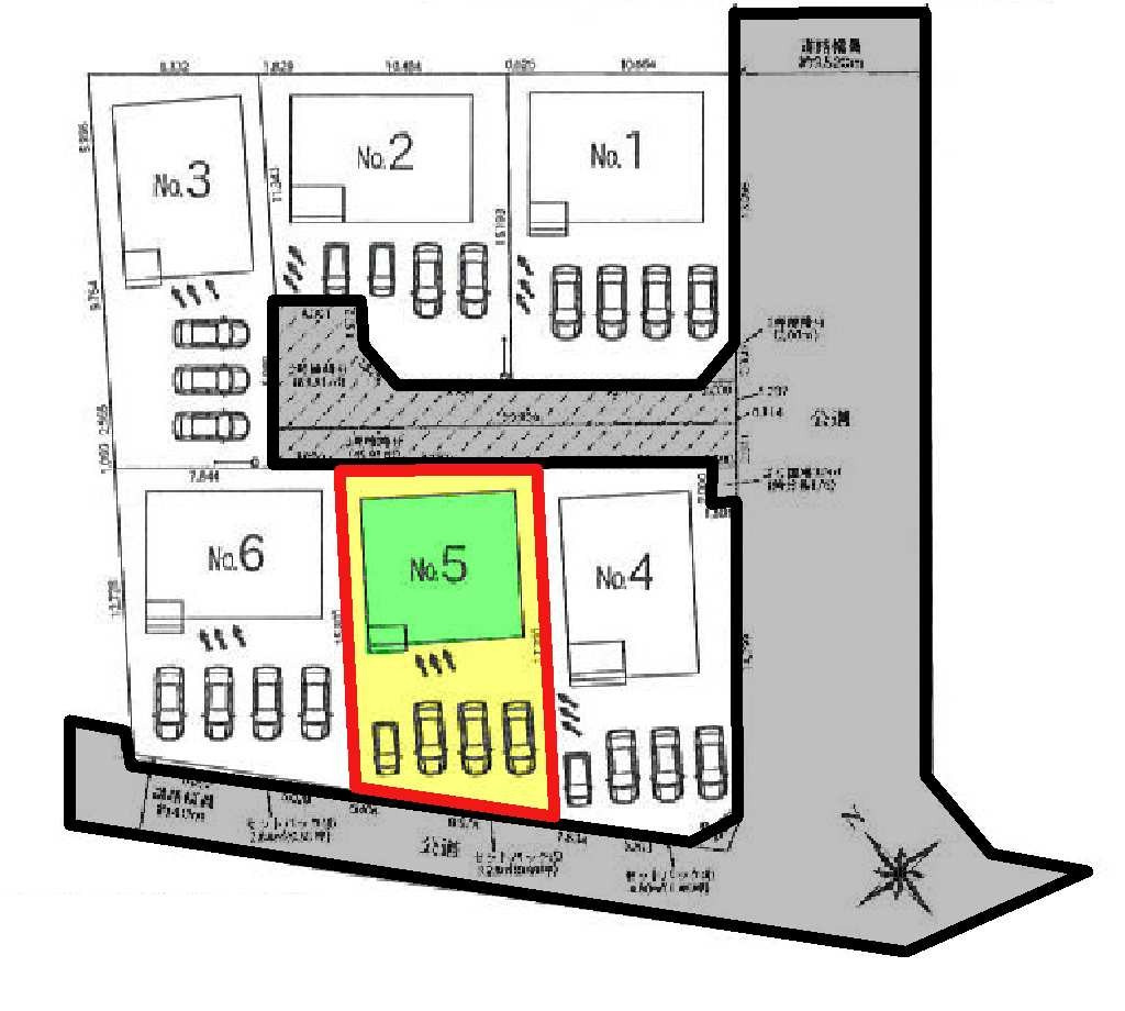 新築　桐生市相生町第19　クレイドルガーデン　5号棟の間取り|5号棟　区画図　南西側接道幅員約4ｍ			
	
