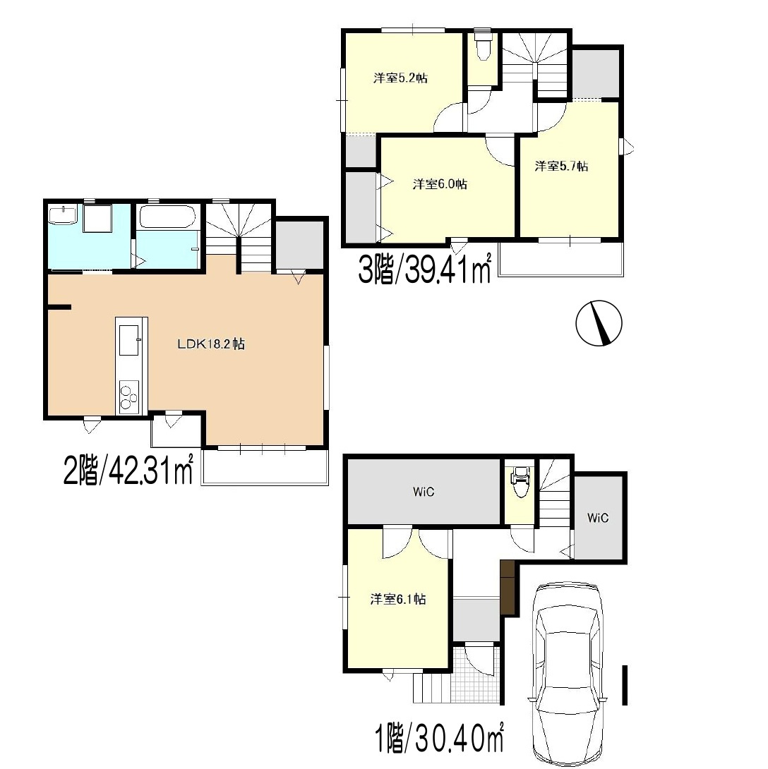 所沢市星の宮2丁目・全3棟　新築一戸建　1号棟　の間取り|【全3棟・1号棟】
リビング階段2階LDK18.2帖、大型WIC2ヶ所、全居室収納付、眺望良好な3階建です。