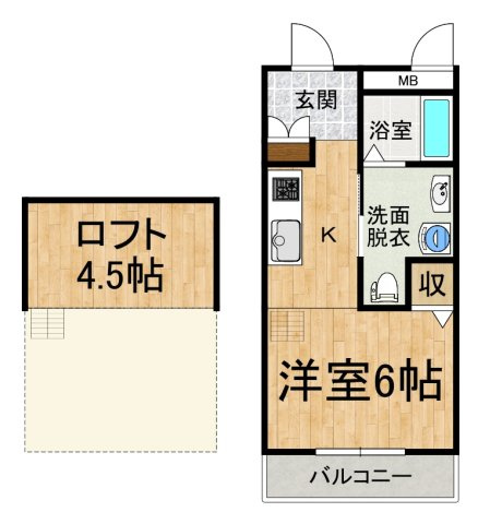 Blue　casaの間取り|1K（23㎡）洋間6帖、ロフト4.5帖