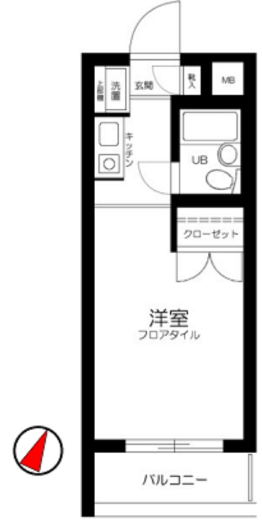 スカイコート蒲田第5の間取り|向きバルコニーの1K