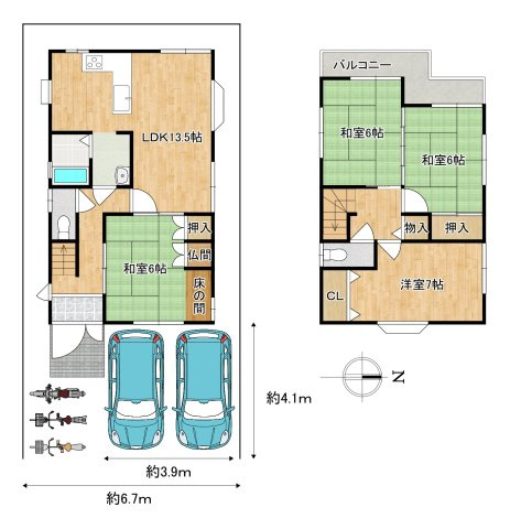橿原市東坊城町の間取り|4LDK　土地面積：100ｍ2　建物面積：91.91ｍ2　駐車２台可（車種による）