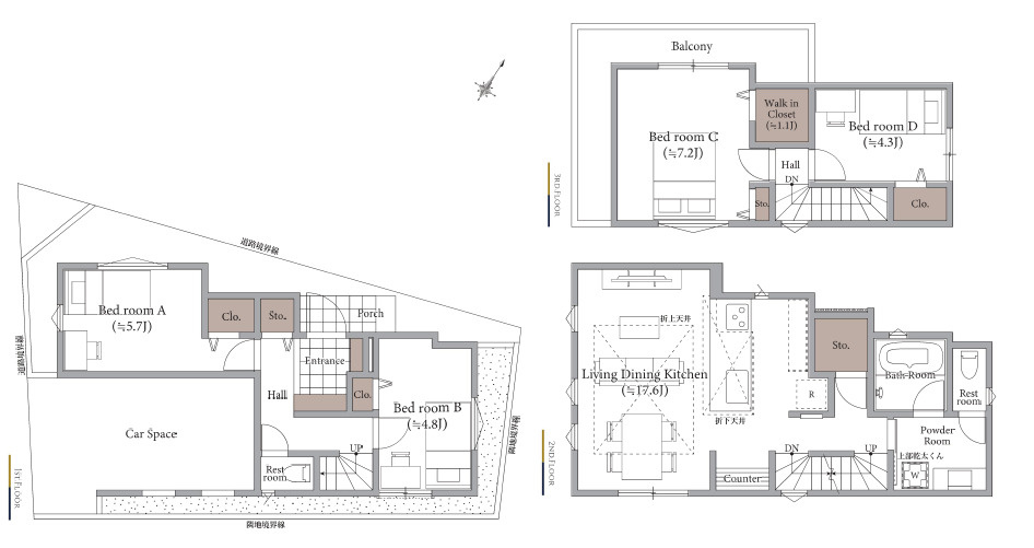 板橋区大山西町　アクセス抜群×北西角地　建築条件付売地の参考プラン|4LDK+WIC+ビルトイン車庫　敷地面積 65.10ｍ2　建物面積 105.49ｍ2(車庫部分 9.72ｍ2含む)　建物価格 2,500万円