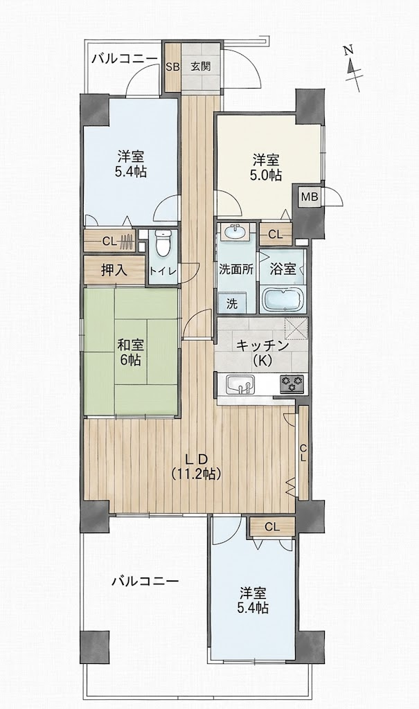 「小学校まで5分の4LDK」知寄町二丁目アルファステイツ知寄町　中古マンションの間取り|家族みんなで使いやすい4LDK☆リビングとつながる和室や広々としたバルコニーが魅力