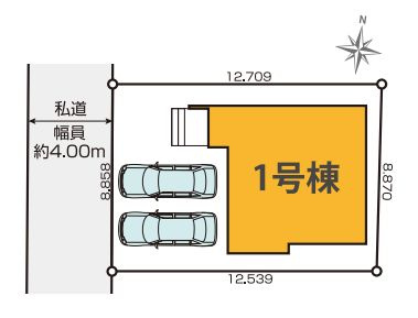 【区画図】 | 東久留米市小山４丁目　新築戸建て | 広い敷地には駐車スペース並列で2台分あり