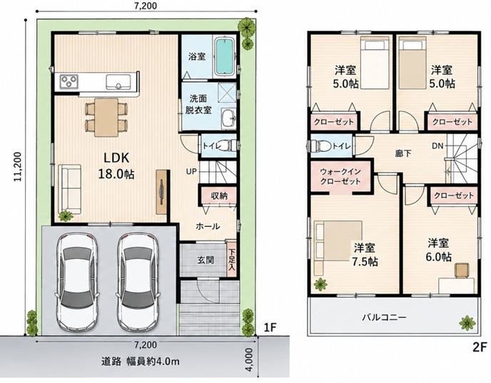 グラッド・タウン灰塚の区画図|参考プラン図・建物価格2,000万円　・建物面積：1階50.10㎡　2階48.75㎡　合計98.85㎡　