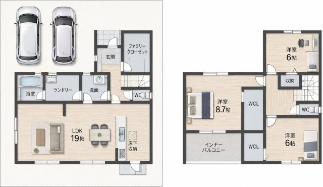 宇治市伊勢田町名木１丁目の間取り|19帖の広々LDKに、ランドリーや大型収納を備えた機能的な間取り。家事も身支度も快適に整う住まい。