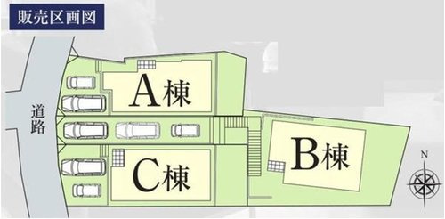 【横浜市鶴見区馬場3丁目19-10全3棟新築戸建て】★仲介手数料無料★（上寺尾小学校・寺尾中学校）の区画図|全3棟の分譲地で、それぞれ異なる個性を持つプランを採用。前面道路との高低差が少なく、カースペースも確保されています。落ち着いた住宅街に位置し、住みやすい住環境が魅力です。