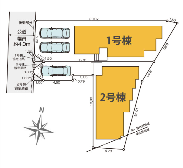 八王子市東浅川町6期１号棟の区画図|敷地の形状や駐車スペースの配置がひと目で分かる区画図です。前面道路は幅員にゆとりがあり、お車のすれ違いや駐車もスムーズに行えます。小さなお子様と一緒にお出かけする際も安心できる落ち着いた環境です。