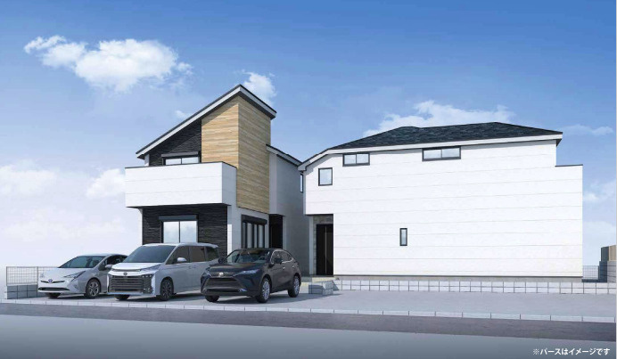 八王子市東浅川町6期2号棟の外観パース|完成後の美しい姿を思い描ける外観の完成予想図です。白を基調としつつ、アクセントカラーを取り入れたモダンで飽きのこないデザインが特徴です。カースペースも確保されており、お出かけもスムーズに行えます！
