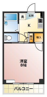 ＹＫビルの間取り|洋室が８帖の１Ｋです。エアコン１台付き！