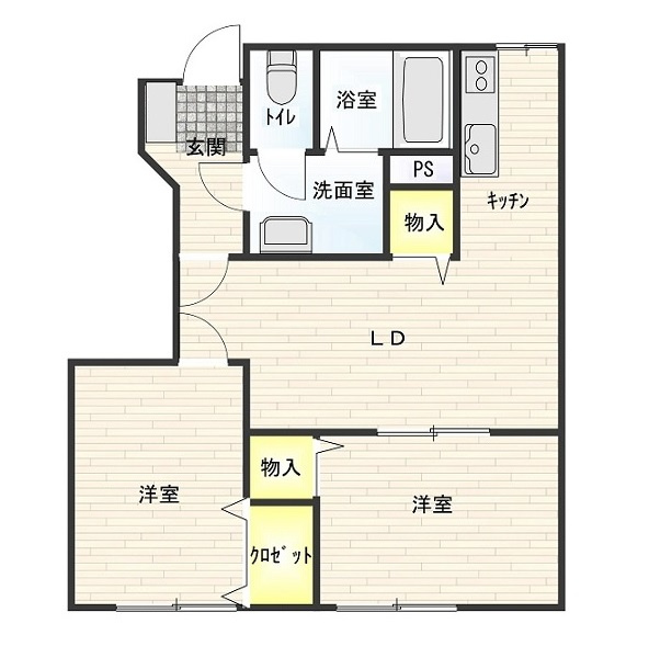 メゾンエスポワールの間取り|居室２部屋とも南向き。全部屋６帖以上。