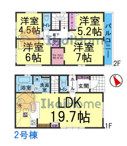 明石市貴崎1期　2号棟　新築戸建の間取り|【ホームページに現地動画掲載中】●年中無休：当日予約可●南西向きLDK19.7帖！2階洋室4部屋！