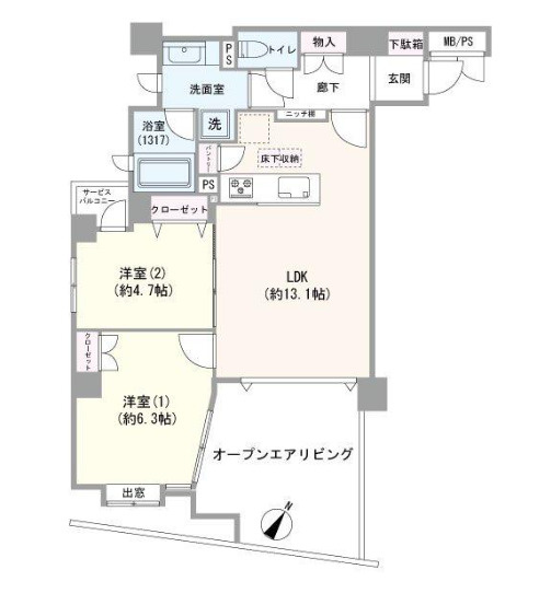 板橋区小茂根1丁目　グランシティ　ル・ロワイヤル小竹向原　ペット可×新規リノベ住宅の間取り|2LDK+オープンエアリビング　専有面積57.70m2