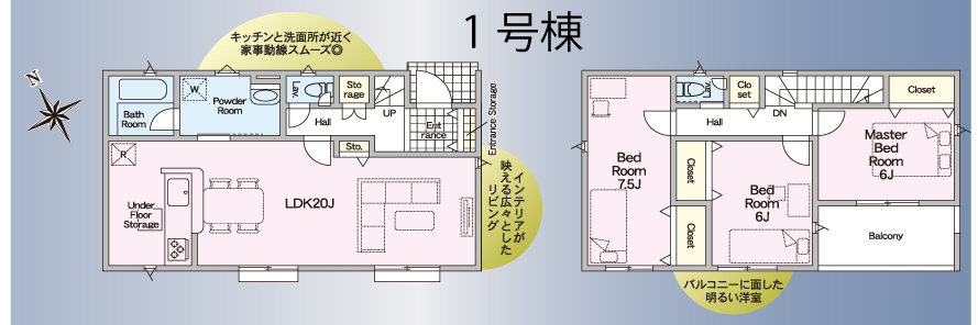 クレイドルガーデン周南市城ケ丘第5の間取り|1号棟
20帖の広々LDKや家事動線が魅力的な3LDKの1号棟。キッチンと洗面所が近く、家事もスムーズです。