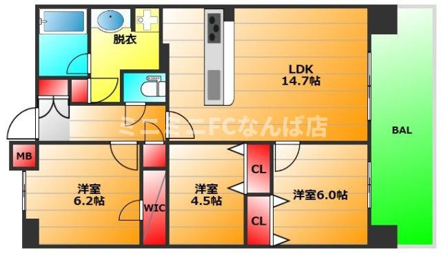 プレミスト北堀江の間取り|現状有姿　3LDK、価格8490万円、専有面積70m2、バルコニー面積10.62m2