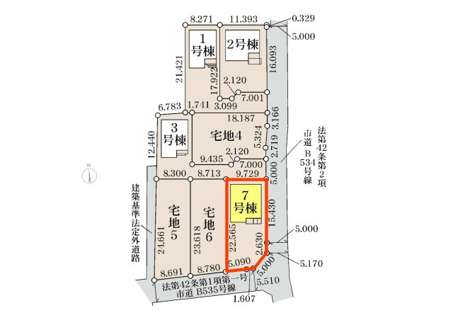 新築　高崎市石原町第25　Livele Garden.S　7号棟の区画図|7号棟　区画図　南側接道幅員約4.9ｍ　東側接道幅員約3.8ｍ
