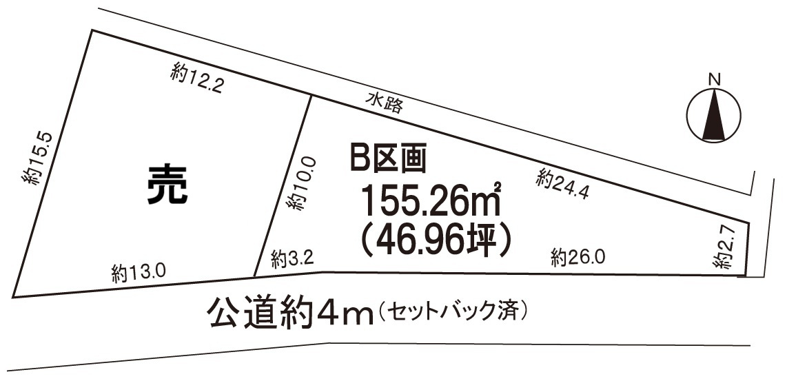 小牧市大字二重堀　売地　B区画の土地図|南面道路・陽当たり良好。
間口広々。