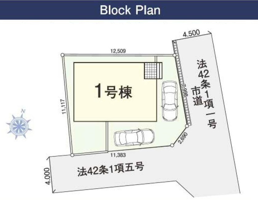 三郷市上口1丁目　中古戸建の区画図|カースペースはL字で2台駐車可能です。