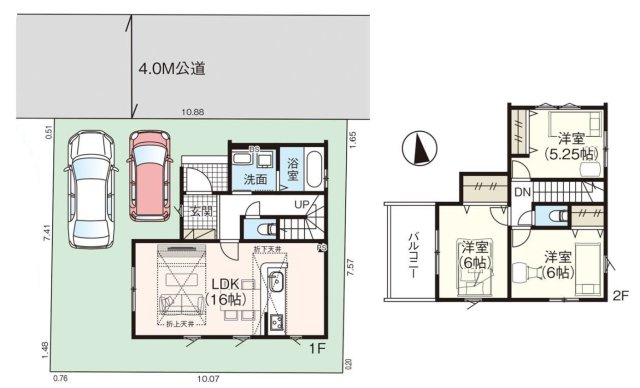 【間取り】 | 川越市砂新田3丁目　新築一戸建住宅　限定1棟（ふじみ野店） | カースペース2台分駐車可！間口が広くお駐車ラクラク。南に広く面した明るく風通しの良いLDK。全居室2面採光&クローゼットを完備。