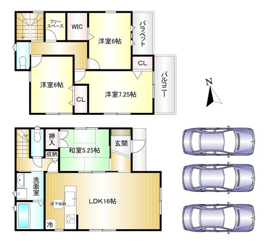 葛城市第６疋田　全4区画の間取り|4LDK　土地面積：140.34ｍ2　建物面積：99.63ｍ2　駐車３台可