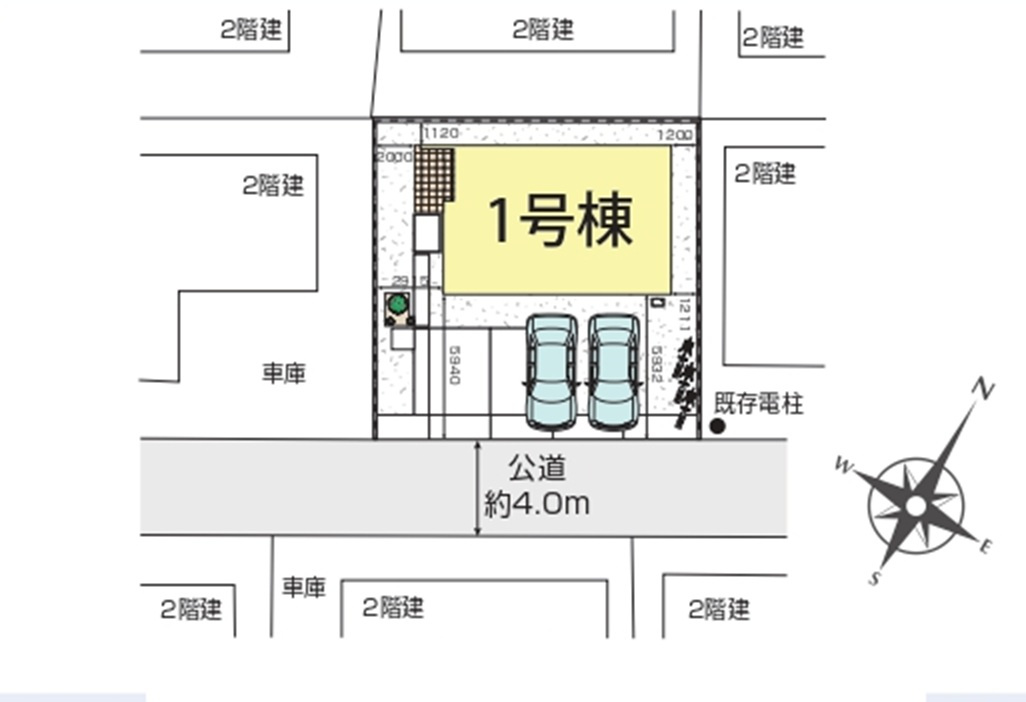 入間市東町7丁目・全1棟　新築一戸建　～LDK19帖～の区画図|並列駐車2台可、南道路に面し日当たり良好です。