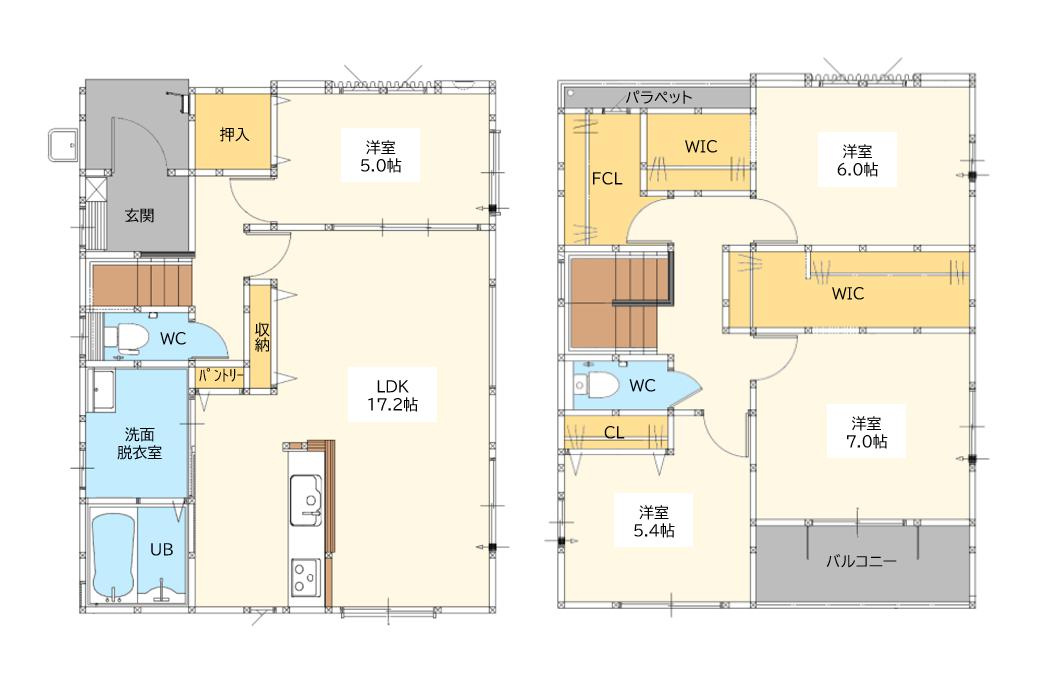 神埼町田道ヶ里4期　1号棟の間取り|1階の5.0帖の洋室は客間やワークスペースのとして活用可能。パントリーやWICなど豊富な収納を備え、家事動線にも配慮。家族みんなが快適に暮らせる4LDKです。
