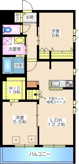 ヴィルヌーブダイツ　弐番館の間取り|広々とした２ＬＤＫ+ウォークインクロゼット