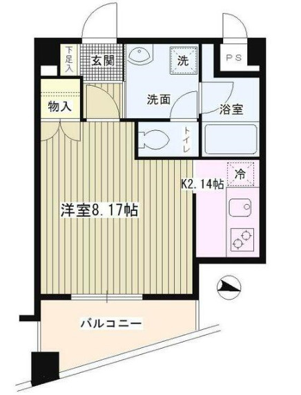 サンイースト池上の間取り|東向きバルコニーの1K洋室8.17帖バストイレ別独立洗面台
