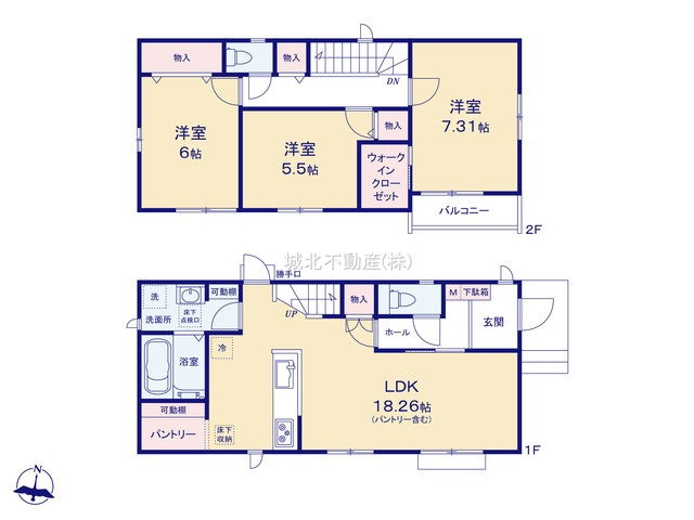 練馬区大泉学園町8丁目 全2棟 B号棟の間取り|建物面積91.81㎡ 2階建て3LDK 可動棚付きの広々したパントリーなど豊富な収納