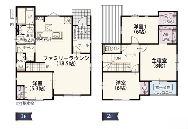 【間取り】 | 太田市飯田町第3期  | 18.5帖LDKと1階洋室、2階にWIC2箇所や物干金物付きバルコニーを備えた利便性の高い4LDKです。